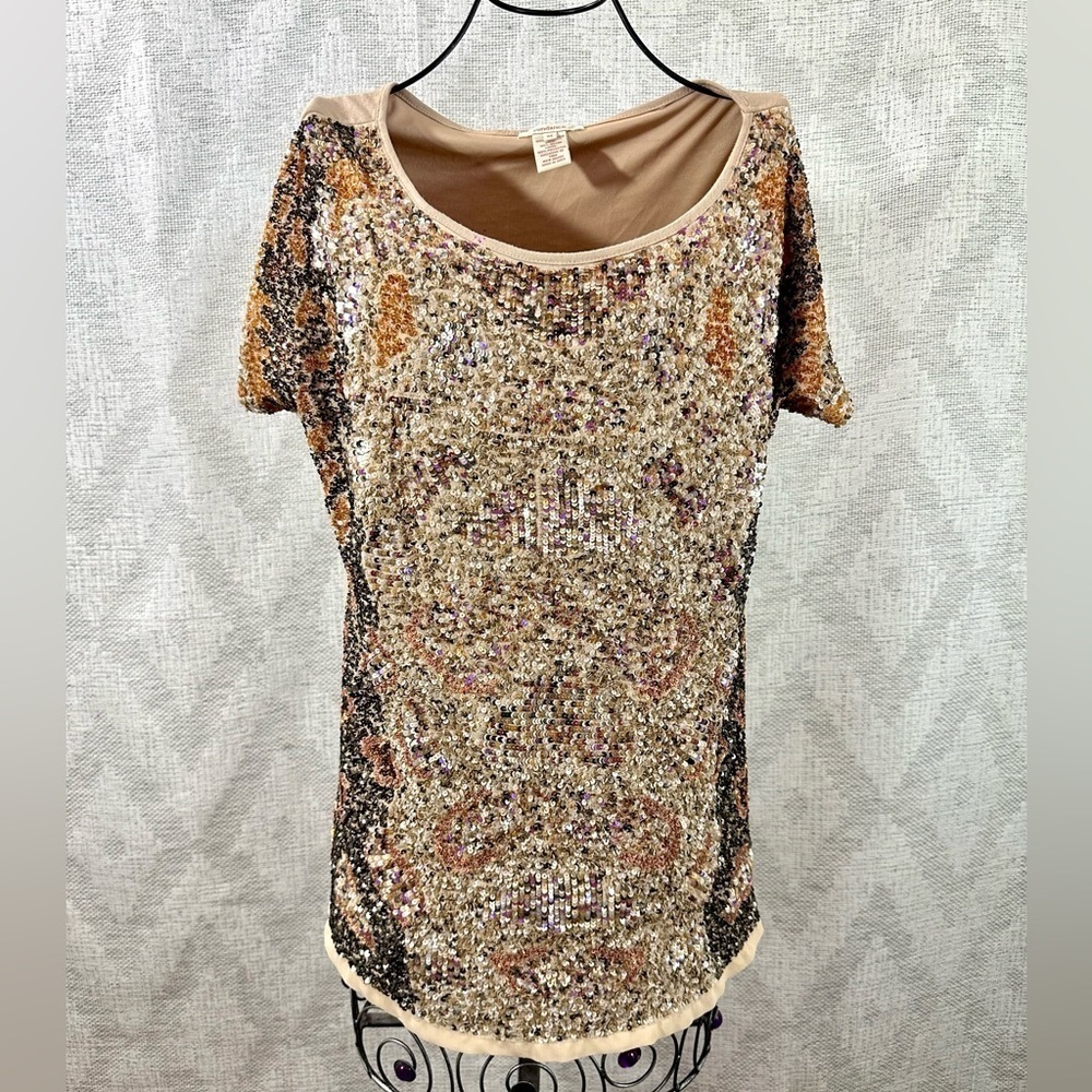 Sundance tan multi-color sequin scoop neck blouse size M